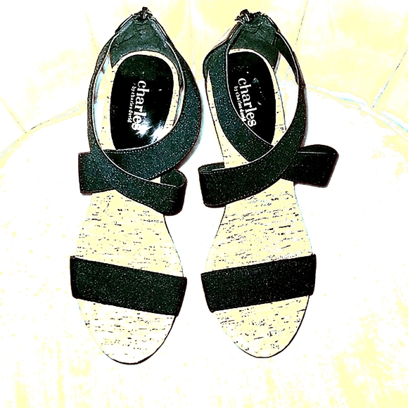 CHARLES DAVID Wedges Sexy Black Leather with Grosgrain Straps ELEGANT - Picture 3 of 5